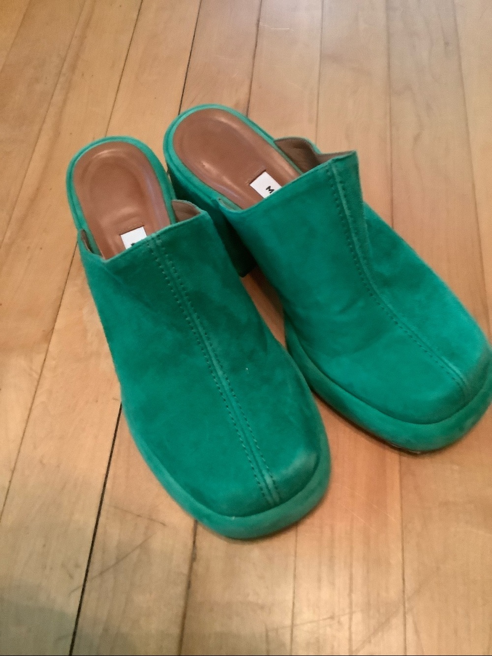 MIISTA GREEN SUEDE PLATFORM MULES SZ 37